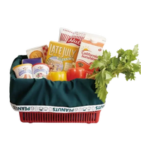 Groceries in a red basket.
