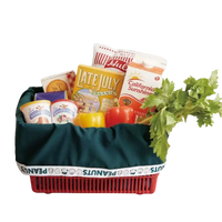 Groceries in a Peanuts-themed basket.