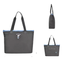 Gray tote bag with dimensions.