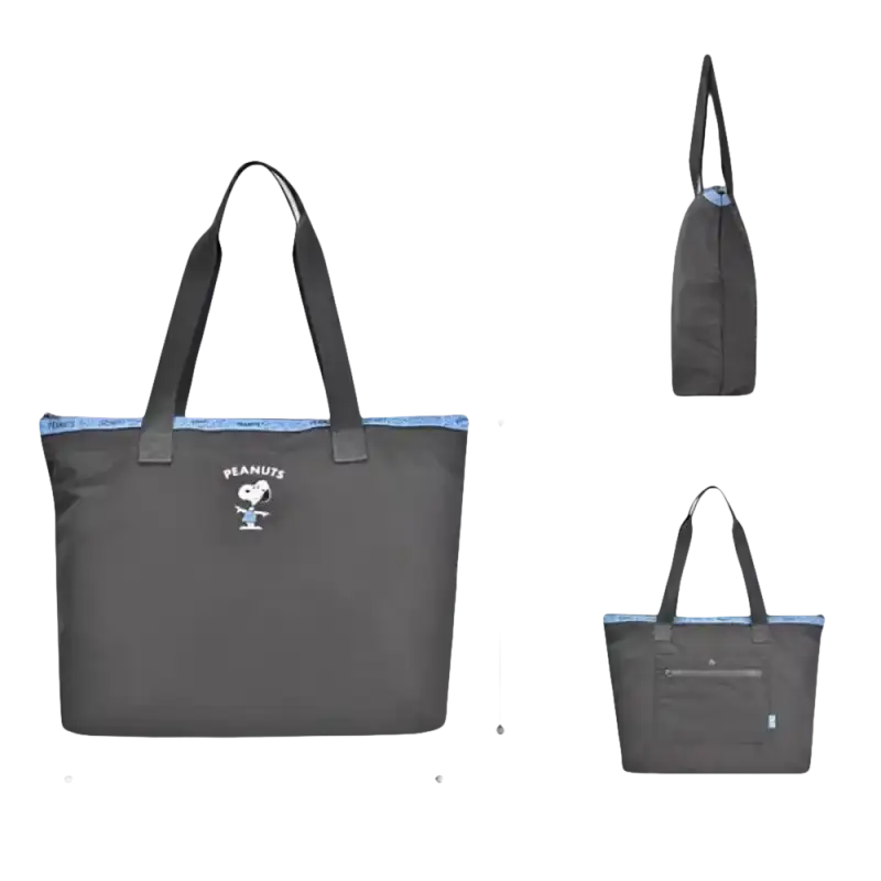 Gray tote bag with dimensions.
