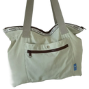 Light green tote bag with gray straps.
