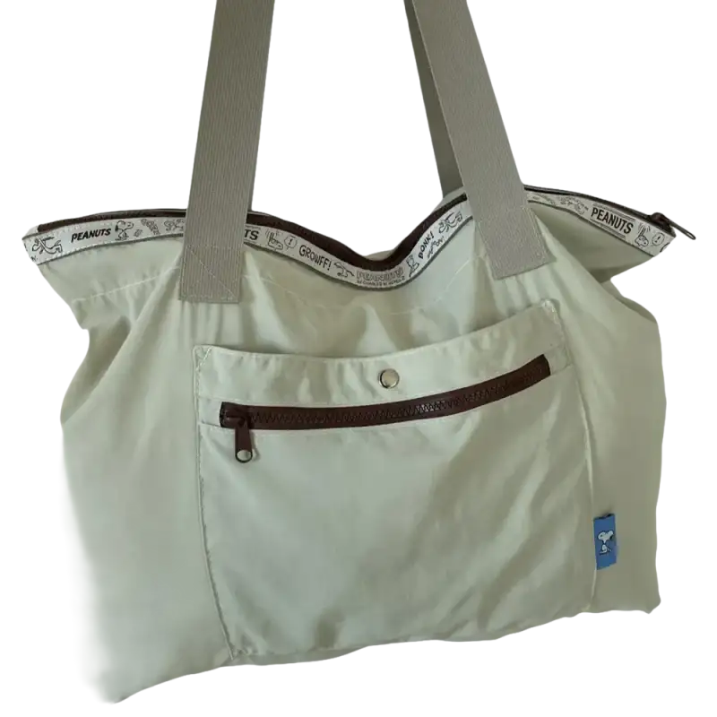 Light green tote bag with gray straps.