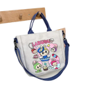 Cartoon-decorated canvas tote bag with blue straps.