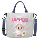 Gray canvas tote bag with bunny graphic.