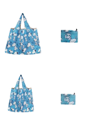 Blue Snoopy-patterned reusable shopping bags with size dimensions.