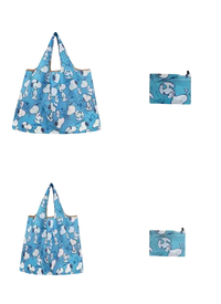 Blue Snoopy-patterned reusable shopping bags with size dimensions.