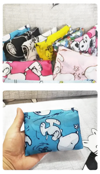 Colorful Snoopy-themed reusable shopping bags.