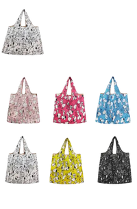 Foldable Snoopy-themed shopping bags in various colors.