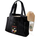 Black canvas tote bag with Peanuts characters.