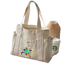 Beige canvas tote bag with cartoon characters.
