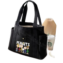 Black canvas tote bag with Peanuts characters.