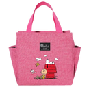 Pink tote bag with cartoon characters.