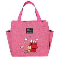 Pink tote bag with cartoon characters.