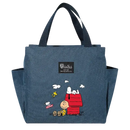Blue tote bag with Snoopy design.