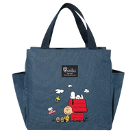 Blue tote bag with Snoopy design.