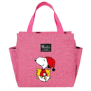 Pink tote bag with Snoopy design.