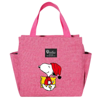 Pink tote bag with Snoopy design.