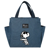 Blue tote bag with Snoopy design.