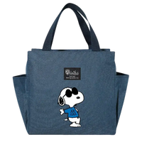 Blue tote bag with Snoopy design.