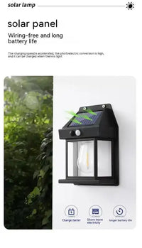Black solar-powered wall lamp.