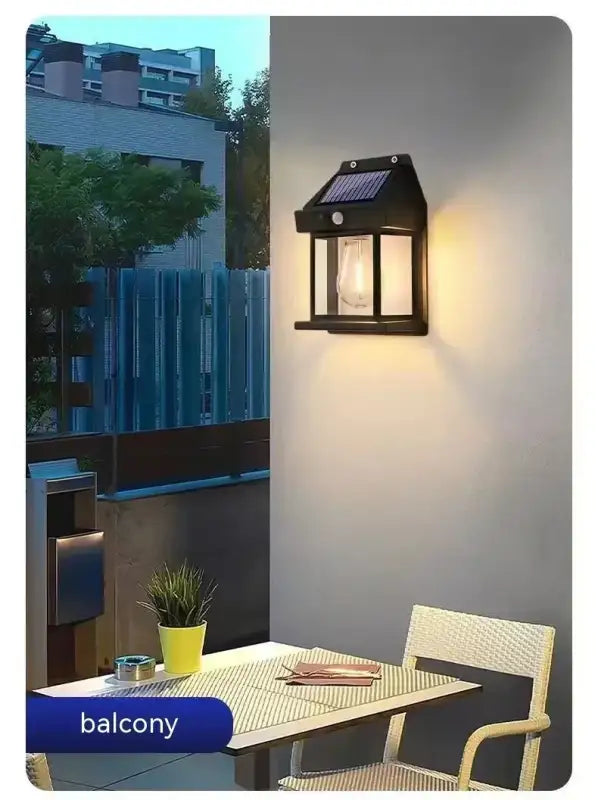 Illuminated solar-powered wall lantern.