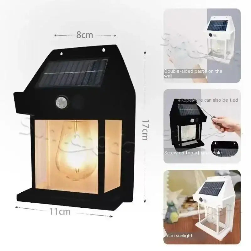 Solar-powered outdoor wall light with dimensions.