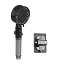 Black handheld shower head with filter and mounting bracket.