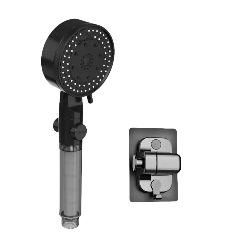Black handheld shower head with filter and mounting bracket.