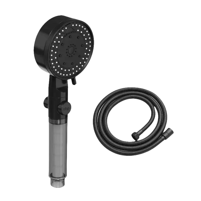 Black shower head with hose.