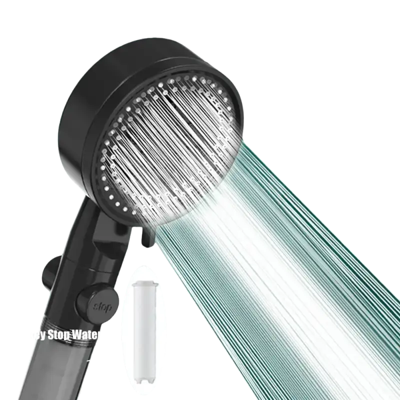 Black shower head with multiple spray modes.