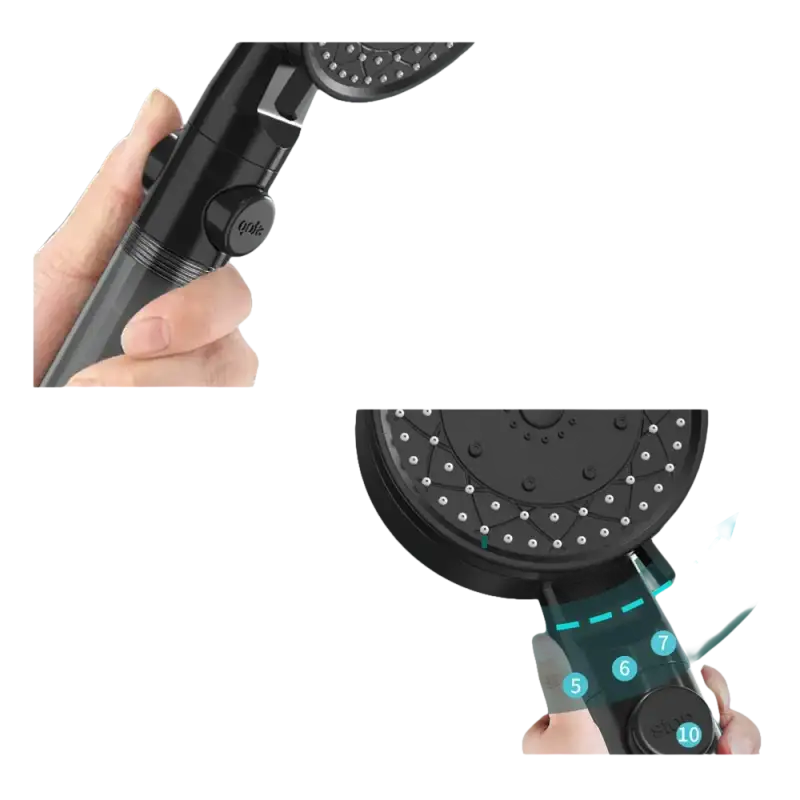 Black shower head with multiple spray modes.