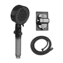 Black handheld shower head with hose and mount.