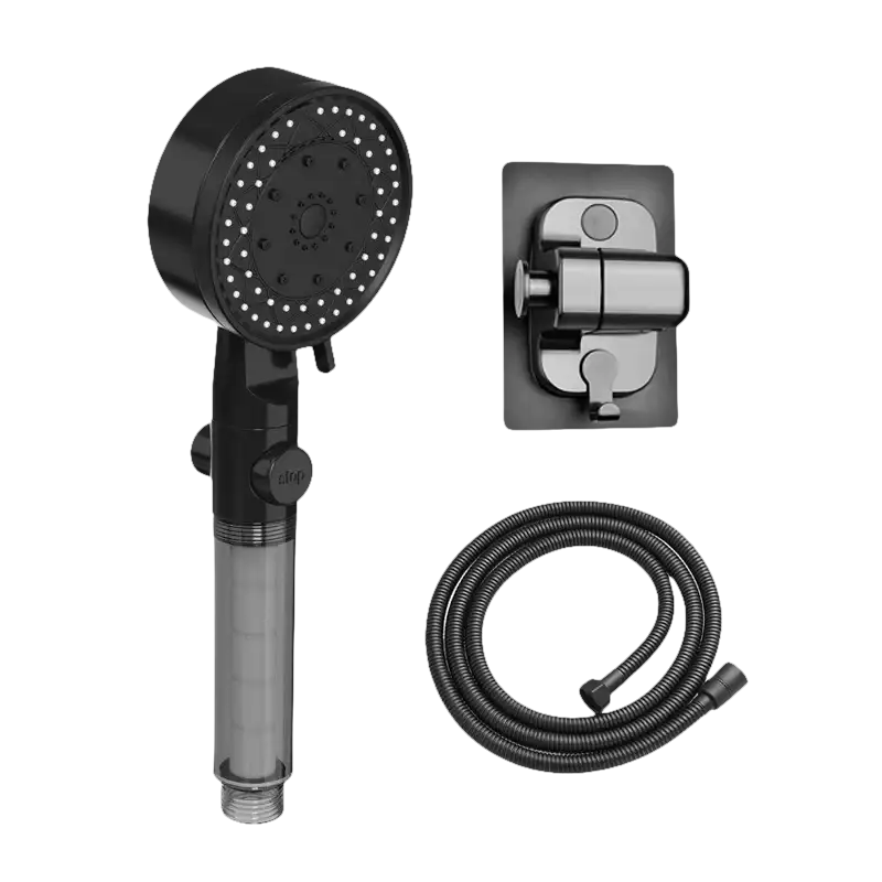 Black handheld shower head with hose and mount.