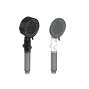 Two handheld shower heads with dimensions.