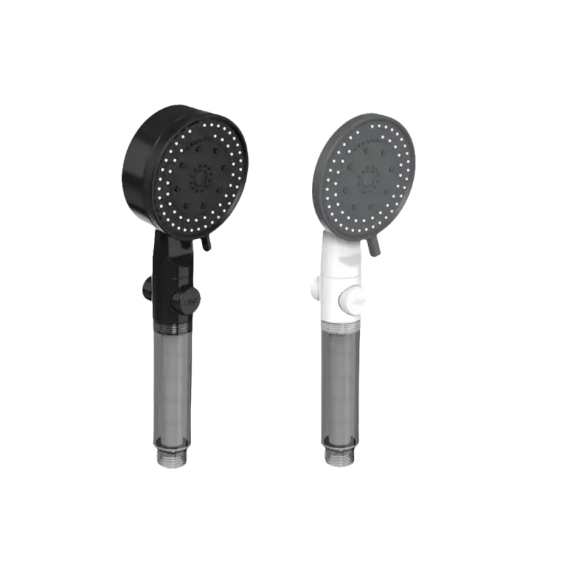 Two handheld shower heads with dimensions.