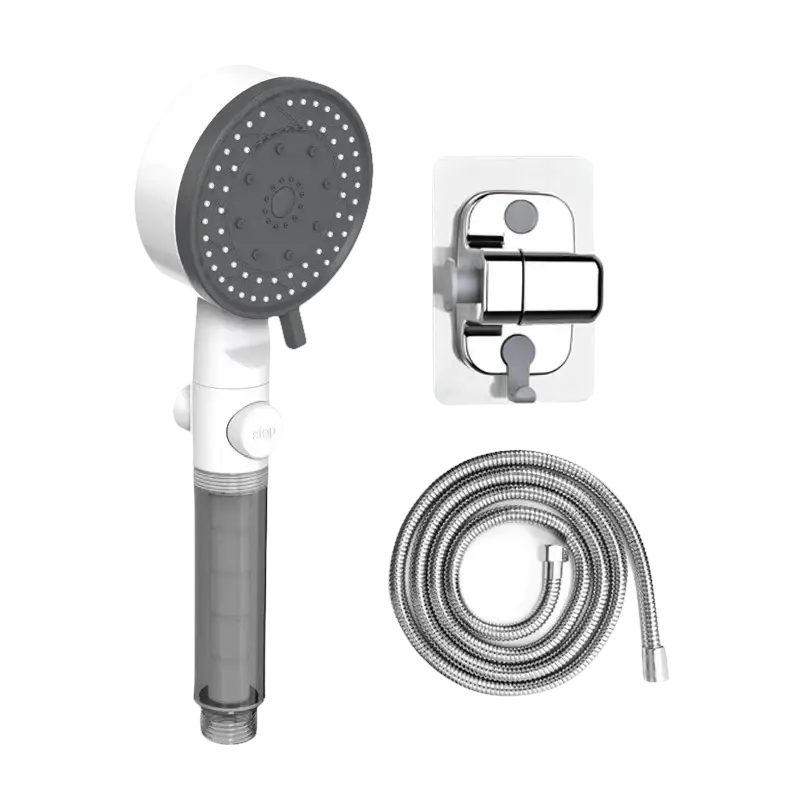 Shower head set with hose and mount.