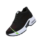 Black athletic shoe with white sole.