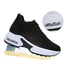 Black and white athletic shoe with springy sole.