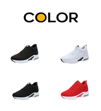 Four pairs of athletic shoes in different colors.
