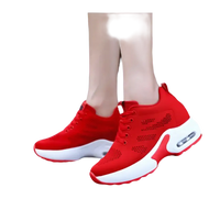 Red platform sneakers.