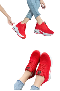 Red platform sneakers.