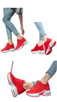 Red athletic shoes.