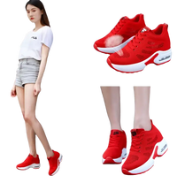 Red and white athletic shoes.