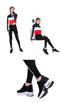 Woman’s athletic outfit with platform sneakers.