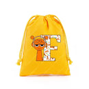 Yellow drawstring bag with cartoon character and letter E.