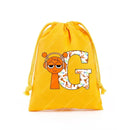 Yellow drawstring bag with cartoon character and letter.