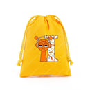 Yellow drawstring bag with cartoon character and letter.