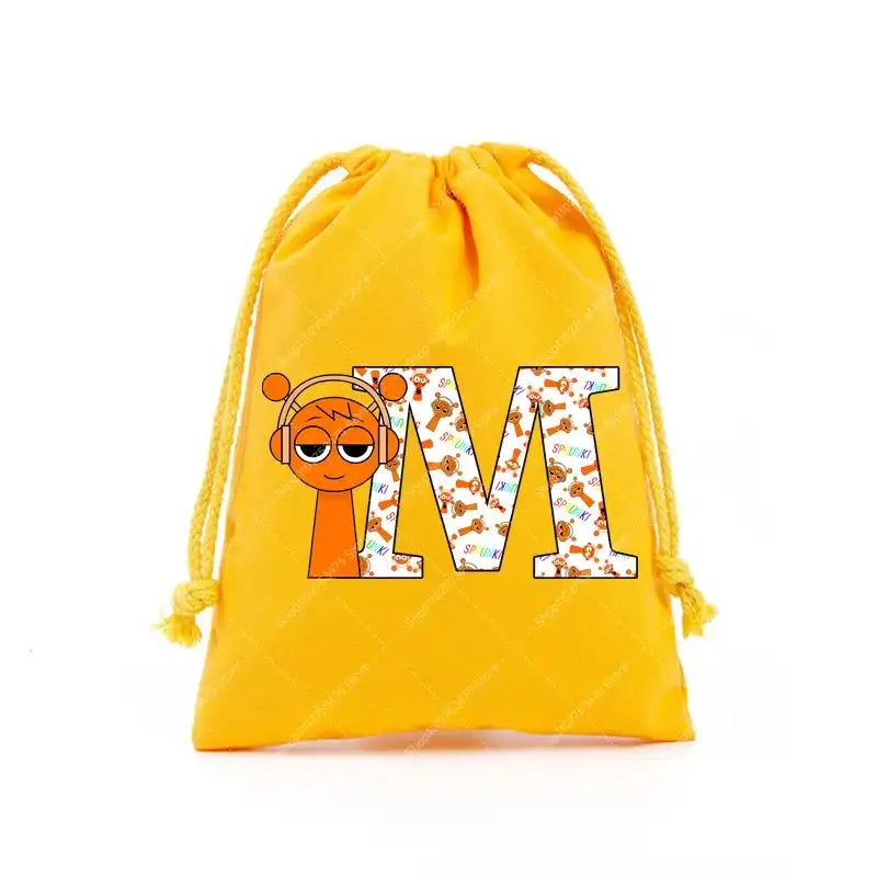 Yellow drawstring bag with cartoon letter M.