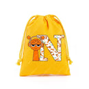 Yellow drawstring bag with cartoon character and letter N.