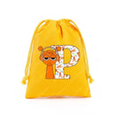 Yellow drawstring bag with cartoon character and letter.